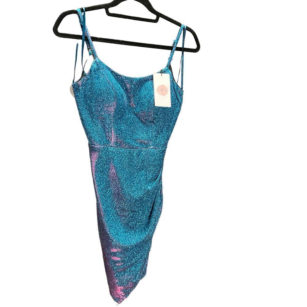 Crystal Sky Iridescent Turquoise Blue Shimmering Cocktail Bodycon Dress Size S